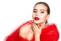 Red Lipstick Makeup Woman Beauty Fashion Portrait. Facial Treatment. Skin, Lips and Nails Care. Isolated White