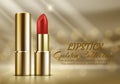 Red lipstick mockup, cosmetic package design, gold backgraund. Royalty Free Stock Photo