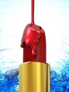 Red lipstick and nail polish on blue water background