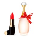 Red lipstick and perfume bottle.