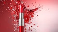 Red lipstick on pink background with liquid splash advertising illustration. Opened red lipstick tube on light background with red