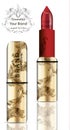 Red lipstick realistic packaging Vector. Mock up Original golden tube with Brand label decors