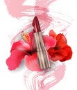 Red lipstick and Red tropical flowers Hibiscus. Beauty and cosmetics background. Template Vector.