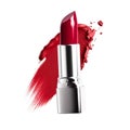 Red lipstick and sample texture isolated on white background, beauty make-up cosmetics and luxury makeup product, generative ai