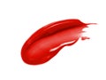 Red lipstick smear smudge swatch isolated on white background. Lip gloss texture