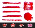 Red Lipstick Smears Set. Texture brush strokes isolated on white background. Make up. Royalty Free Stock Photo