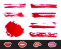 Red Lipstick Smears Set. Texture brush strokes isolated on white background. Make up. Vector illustration Royalty Free Stock Photo