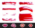 Red Lipstick Smears Set. Texture brush strokes isolated on white background. Royalty Free Stock Photo