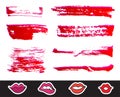 Red Lipstick Smears Set. Texture brush strokes isolated on white background. Make up. Royalty Free Stock Photo