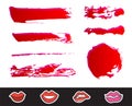 Red Lipstick Smears Set. Texture brush strokes isolated on white background. Make up. Royalty Free Stock Photo