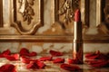 A red lipstick is on a table with red rose petals