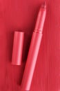 Red lipstick tube texture, lip gloss close up. Beauty industry concept. Acrylic, oil paint pink brush strokes backdrop. Women Royalty Free Stock Photo