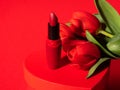 Red lipstick, tulips on heart box for womens, valentines day