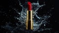 Red Lipstick Splash Golden Tube Cosmetic in Dynamic Water Explosion, Beauty Product Royalty Free Stock Photo