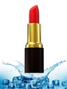 Red lipstick in water splash on blue background