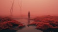 Ethereal Coral Fog: A Cinematic Rendering Of A Person Standing In Water