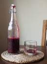 Red liquid glass bottle table fresh wild wine ruby Royalty Free Stock Photo