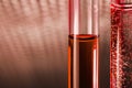 Red liquid posion in glass tube on abstract background
