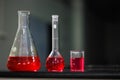 Red liquid in a round bottomed flask and glass beaker and conical flask on a black granite table in dark background Royalty Free Stock Photo