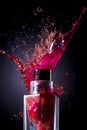 Red liquid splashing out of glass bottle on black background. Generative AI Royalty Free Stock Photo
