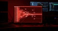 Red-lit computer screen displaying complex data network in a dark room Royalty Free Stock Photo