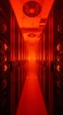 Red lit server room hallway with data center racks. Big data storage, network security, and cloud computing concept for technology Royalty Free Stock Photo
