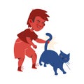 Red Little Boy Aggressor Pulling Cat Tail Abusing and Insulting Weak Vector Illustration