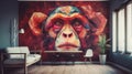 Red Living Living Room Full Wall Geometric Monkey Interior Design. Generative AI