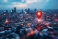 Red location marker on nighttime city map. Royalty Free Stock Photo