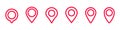 Red location markers in different styles curved edges and circles inside each marker