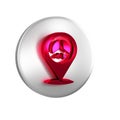 Red Location peace icon isolated on transparent background. Hippie symbol of peace. Silver circle button.