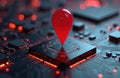 Red location pin atop microchip circuit board. Digital technology, data connection, cyber security, AI concept. Global network Royalty Free Stock Photo
