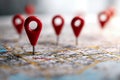 Red location pins marking various strategic points on a detailed urban map representing navigation and planning concepts in a Royalty Free Stock Photo