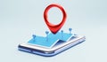 Red Locator and blue location pin on navigator with map and mobile phone for use technology to search concept by 3d render
