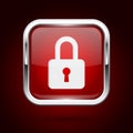 Red lock button with chrome frame. Push 3d button Royalty Free Stock Photo