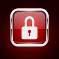 Red lock button with chrome frame. Push 3d button Royalty Free Stock Photo