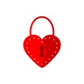 Red lock icon on a white background. Valentine's Day design element. Flat illustration with a red lock with a heart and Royalty Free Stock Photo