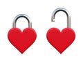 Red locked and unlocked padlocks in the shape of a heart isolated on a white background