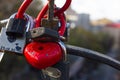 Red locks in the form of a heart. Metal locks. A bunch of locks. Heart locks