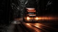 Red logistics truck speeding down the road scene in the night.Dark scene, Generative AI Royalty Free Stock Photo