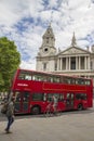 Red London Routemaster bus in front of St Pauls Cathedral, London, England, UK, May 20, 2017 Royalty Free Stock Photo