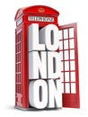 Red London telephone booth with text London isolated on white background