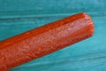 Red long stick salami sausage on green background