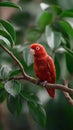 A red Lory bird is perched on a green leaf Royalty Free Stock Photo