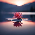 a red lotus flower floating in the water at sunset Royalty Free Stock Photo