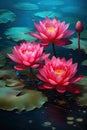 red lotus lilies in pond with water, Royalty Free Stock Photo