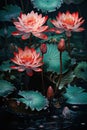 red lotus lilies in pond with water, Royalty Free Stock Photo