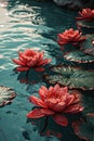 red lotus lilies in pond with water, Royalty Free Stock Photo