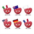 Red love gummy candy cartoon character bring the flags of various countries