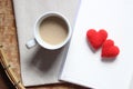 Red love hearts on brown paper note with a cup of coffee. Royalty Free Stock Photo